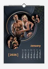 Black, Grey, Gold Wall Calendar. Photos of fitness hobby partners in circles against a stylized starry sky with bold fonts.