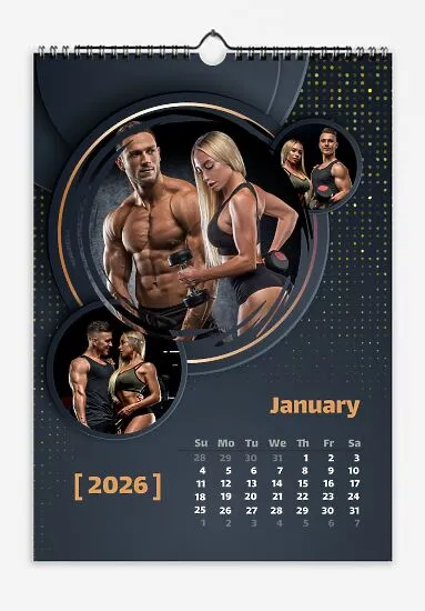 Black, Grey, Gold Wall Calendar. Photos of fitness hobby partners in circles against a stylized starry sky with bold fonts.