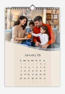 Calendar template "Happy family with two children" on a beige background with large photos.