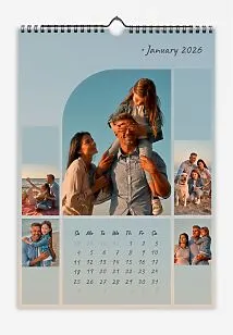 A calendar template featuring a family by the sea at sunset. An organized collage with large and small photos. The text is in handwritten fonts.