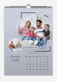 A "Happy Family" calendar template featuring large and small round photos with flared edges and corners on a gray background.