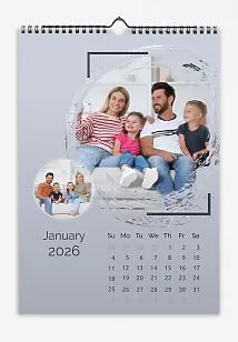 A "Happy Family" calendar template featuring large and small round photos with flared edges and corners on a gray background.