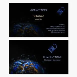 Business card template. Electronic equipment, components, gadgets, and devices. Skat, electronic circuit board, global distribution coverage.