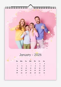 Calendar template Friendly family on a pink background with haze and shiny pebbles