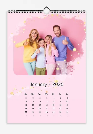 Calendar template Friendly family on a pink background with haze and shiny pebbles