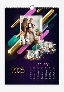 Calendar template with family photos. Family photos with magical color magic wands and film.