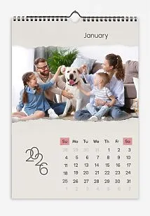 Free Baige calendar template featuring large family photos with a dog on a torn paper background.