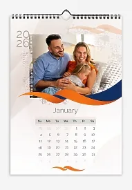 Calendar template: "Large grunge-style photos of a cute family with a little daughter, with abstract waves in the colors of the parents' clothes."