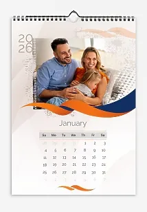Calendar template: "Large grunge-style photos of a cute family with a little daughter, with abstract waves in the colors of the parents' clothes."