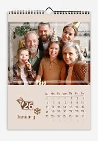 Beige Photo Wall Calendar. Family photos of a happy big family with a grunge frame and seasonal icons.