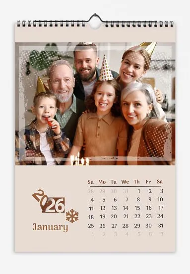 Beige Photo Wall Calendar. Family photos of a happy big family with a grunge frame and seasonal icons.