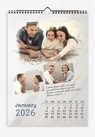 Calendar template with family photos. Family photos with tapes, quotes from family members on a gray background with golden rays.