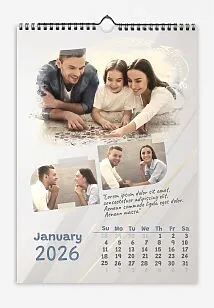 Calendar template with family photos. Family photos with tapes, quotes from family members on a gray background with golden rays.