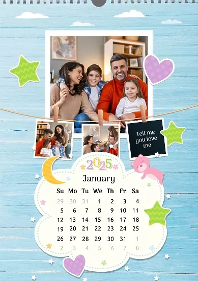 Calendar template Happy family with clouds, stars and hearts in children's style