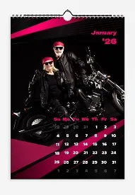 Calendar template of a cheerful biker family with large background photos with dynamic figures in the colors of the couple's clothing elements.