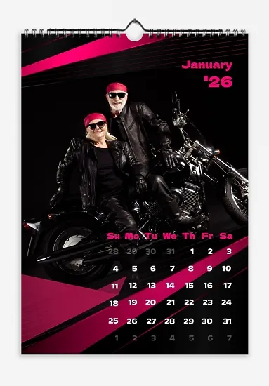 Calendar template of a cheerful biker family with large background photos with dynamic figures in the colors of the couple's clothing elements.