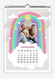A calendar template featuring a happy family with a son under a rainbow in a cartoon style with the sun, clouds, comets, and stars. Children's fonts.