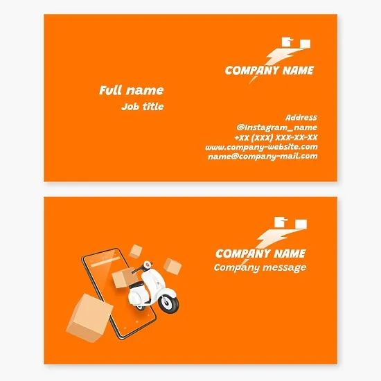 Delivery service business card template. Courier, zipper, scooter.