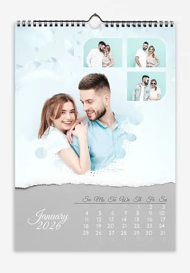 Calendar template "Happy young couple in love" on a light background with a torn calendar grid.