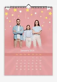 Calendar template with stars "Happy family with a daughter" on a pink background.