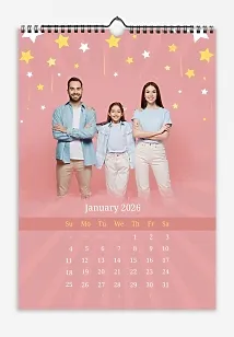 Calendar template with stars "Happy family with a daughter" on a pink background.