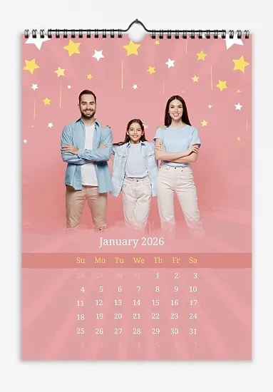 Calendar template with stars "Happy family with a daughter" on a pink background.