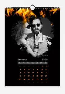 Young hipster eccentric family in grunge heart with burning photos calendar template.
