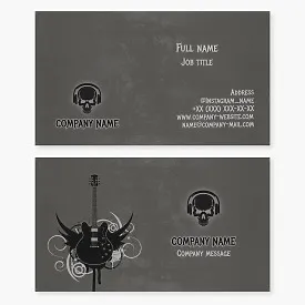 Business card template with skull headphones logo and electric guitar. Composer, arranger, DJ, musician. Rock, heavy metal, hard rock.