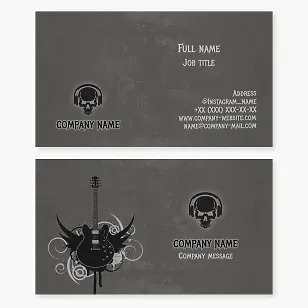 Business card template with skull headphones logo and electric guitar. Composer, arranger, DJ, musician. Rock, heavy metal, hard rock.