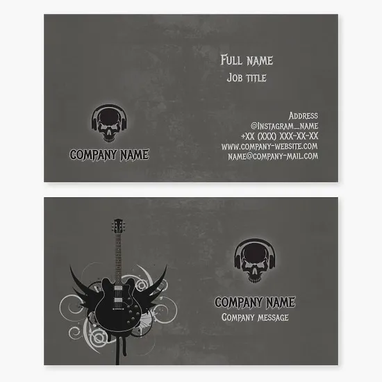 Business card template with skull headphones logo and electric guitar. Composer, arranger, DJ, musician. Rock, heavy metal, hard rock.