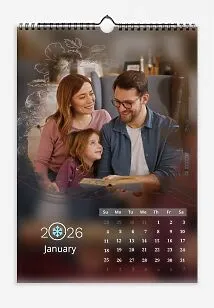A calendar template for a small family featuring a floral print, film, and wavy lines. A blurred photo of the family serves as the background.