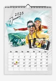 Travel Calendar Template. A calendar template for a young couple with a travel itinerary around the world. A large photo and several smaller ones in the camera roll. Grunge photo formatting and custom fonts.