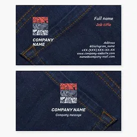 Design of a denim business card. Sewing denim pants, suits and work clothes from denim fabric.