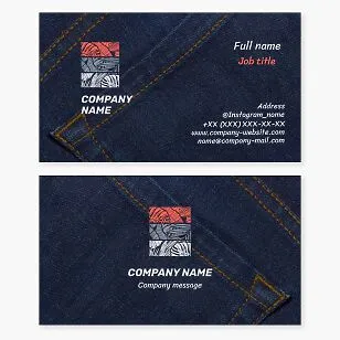 Design of a denim business card. Sewing denim pants, suits and work clothes from denim fabric.