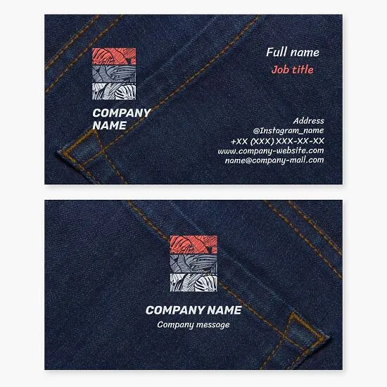Design of a denim business card. Sewing denim pants, suits and work clothes from denim fabric.
