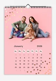 A calendar template for a young family with a teenage daughter and her dog in a glamorous pink style with stars.
