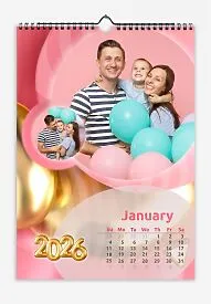 Calendar template with family photos. Fun family photos with balloons and year calendar balloons.