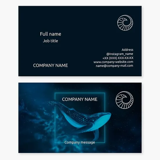 Business card template "Starry sky and blue whale". Symbol of wisdom, longevity, harmony, rebirth, eternity, tranquility, striving for new horizons.