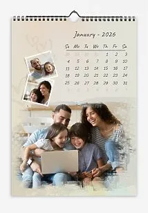 Happy big family calendar, free template: large and small photos with hearts on a beige background.