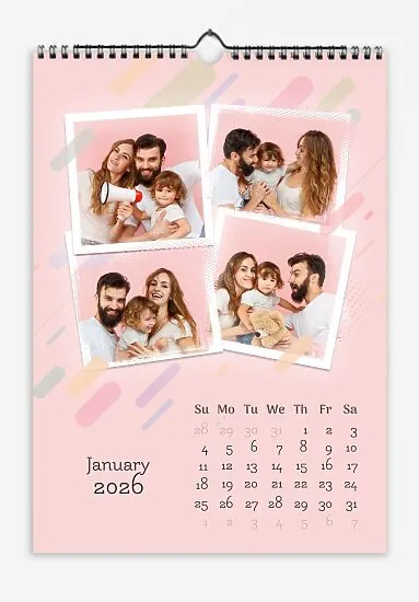 Calendar template of a young family with a son on a pink background with four photos on separate sheets and flying magic wands.