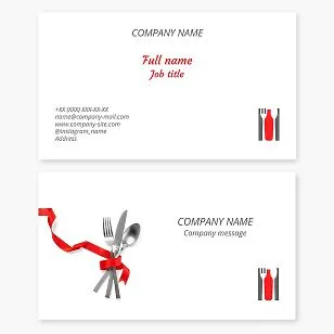 Business card template. Catering. Bottle, fork, spoon, knife, ribbon. Off-site catering and event catering.