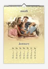 Gold Wall Calendar. Everyday family photos with golden glitter stars.