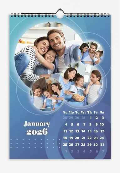Aqua Blue Wall Calendar. Family photos in circles with ornate fonts.