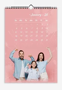 Calendar template Happy family with daughter on pink background with delicate splashes.