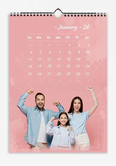 Calendar template Happy family with daughter on pink background with delicate splashes.