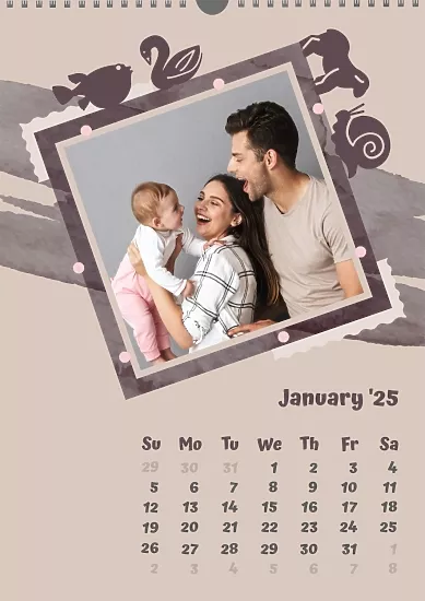 Calendar template Young family with daughter in frame with animal figures