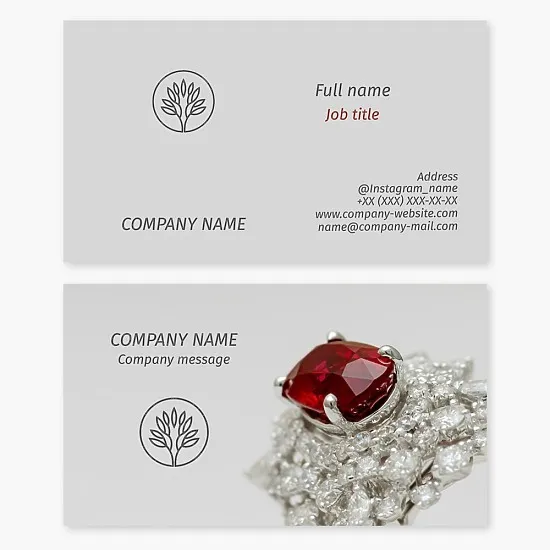Jeweler business card template. Jewelry salon. Purchase and sale of jewelry.