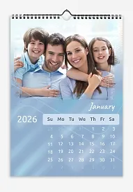 A friendly family calendar template on a shiny blue background with rounded square outlines.