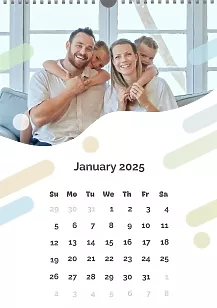 Calendar template Lovely family with flying colorful stripes and circles