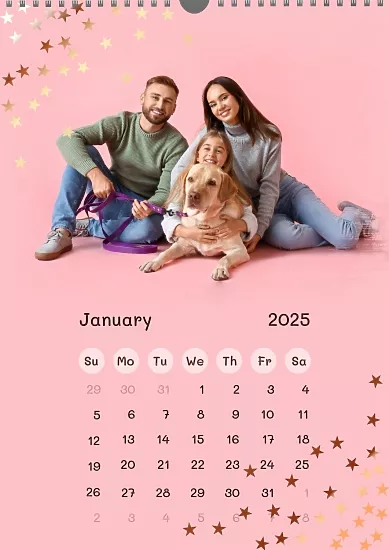 Calendar template Young family in glamorous pink style with stars